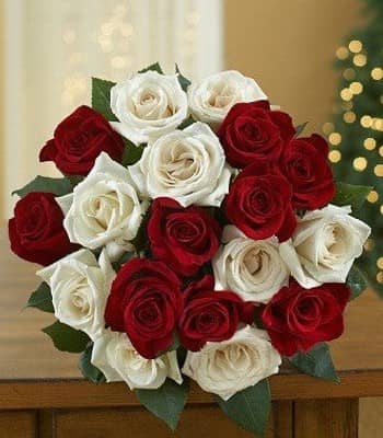 Anniversary Flower Bouquet - 18 Red and White Roses Hand Tied